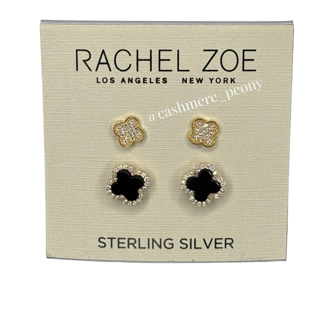 Rachel Zoe Gold/Sterling Silver Black Onyx & Pave Clover 2 Pair Earrings NEW